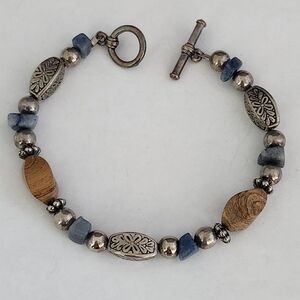 Handcrafted Blue & Natural Wood Beaded Bracelet